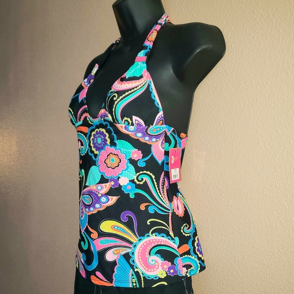 CANDIE'S Bright Neon Colorful Rainbow Floral Butterfly Halter Tankini Top Sz XS - Picture 6 of 16